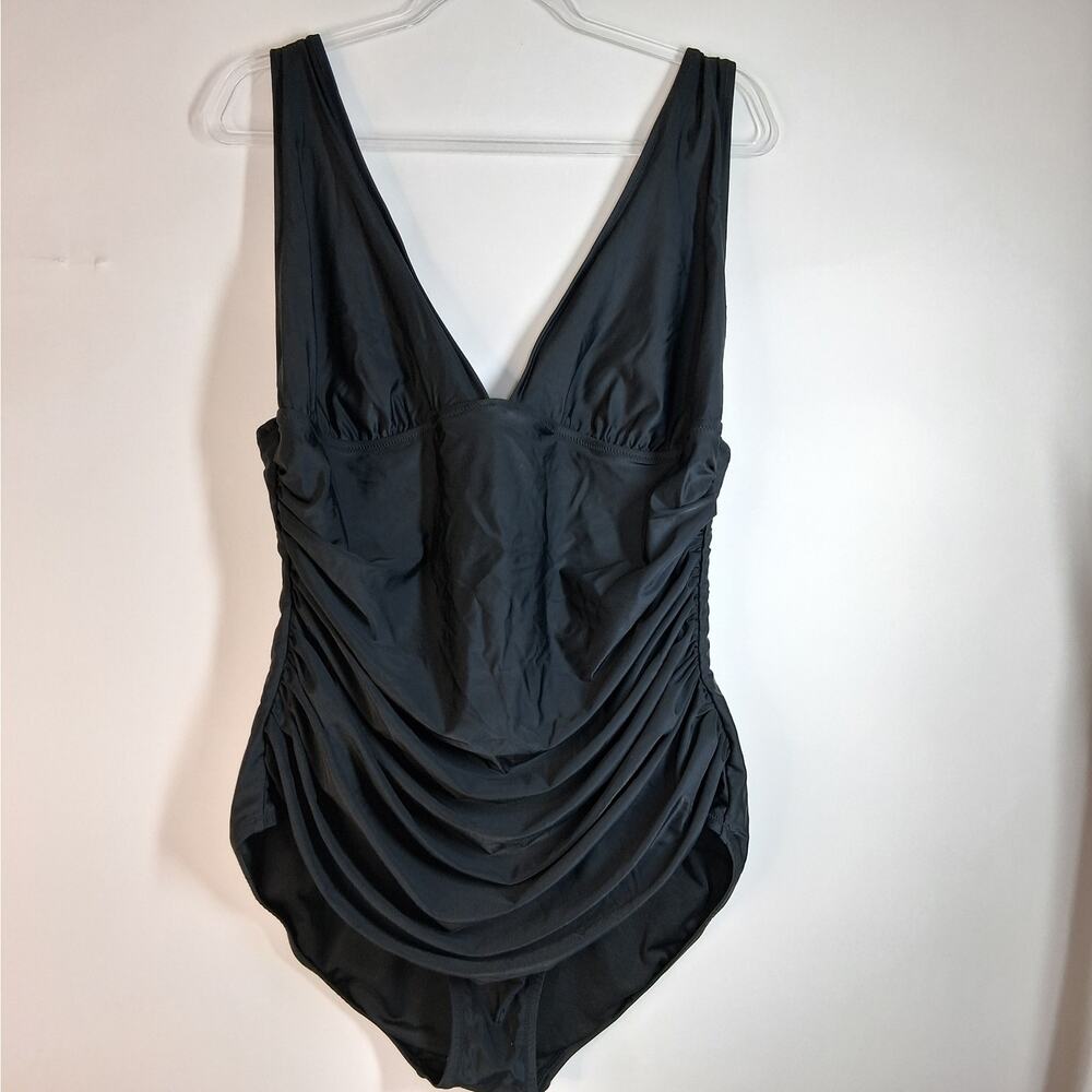 J. Crew Ruched Plunge V-Neck One Piece Swimsuit Women's 18 Black